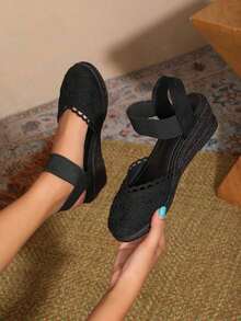 Breathable Lightweight Fashionable Rope Platform Wedge Heels Cap Toe Women Shoes - All Black - View 3