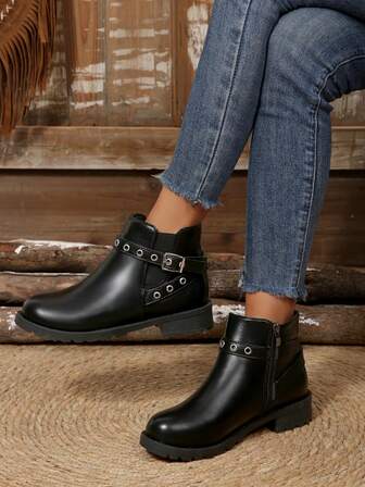 朋克扣短靴，新款女士冬季皮革系带时尚靴子，粗跟摩托车靴，黑色拉链圆头女鞋