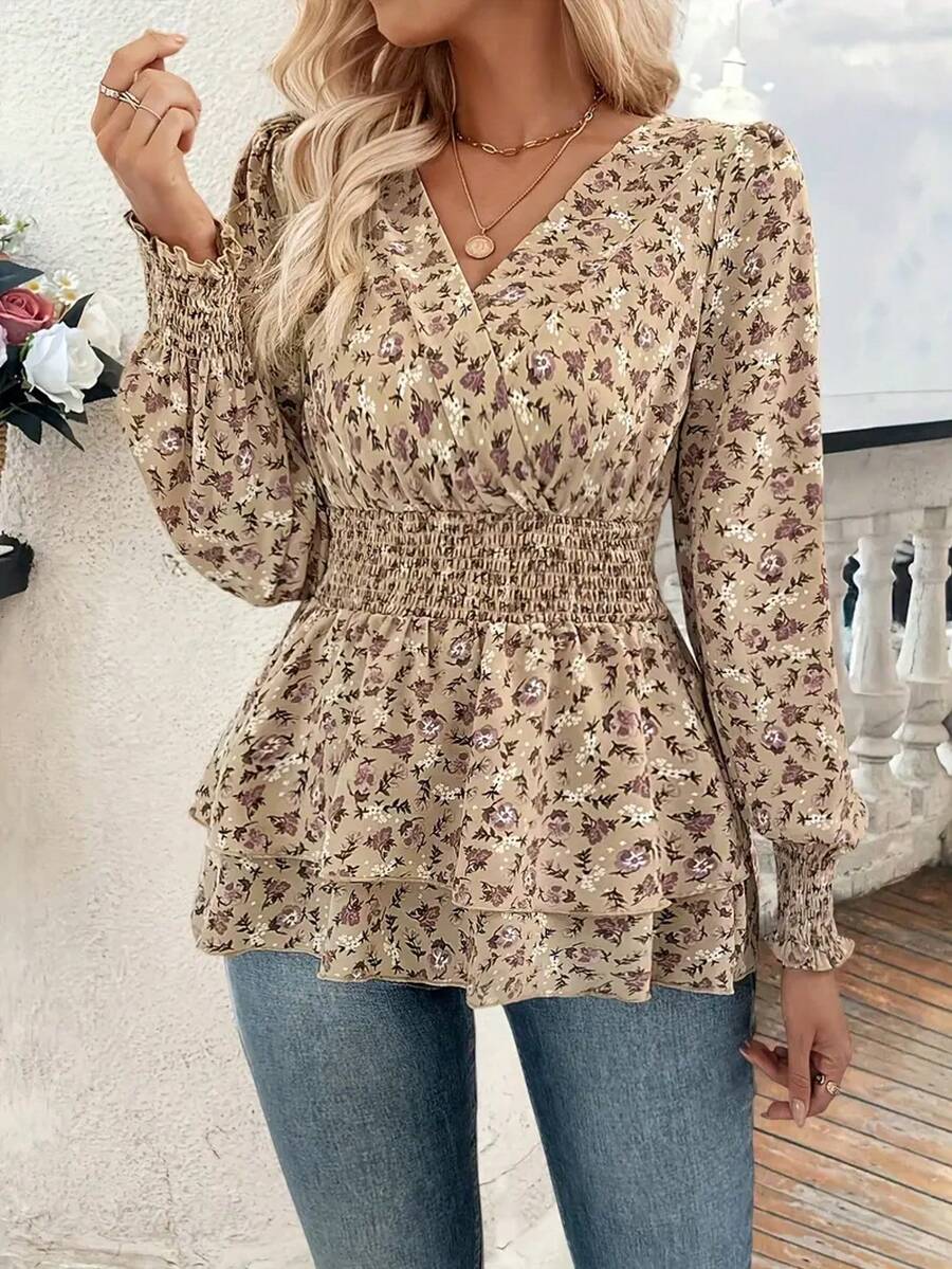 Vintage Ditsy Floral Ruffle Hem Casual Shirt, Autumn