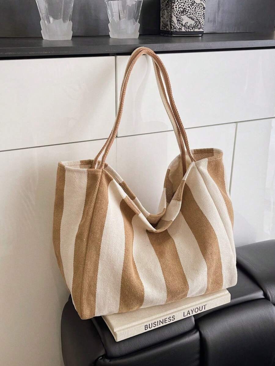Túi Tote Canvas Size Lớn Phong Cách Hàn Quốc Mới Về Mùa Xuân 2025, Túi Xách Đeo Vai Thời Trang Sọc - Màu Khaki - Xem 1
