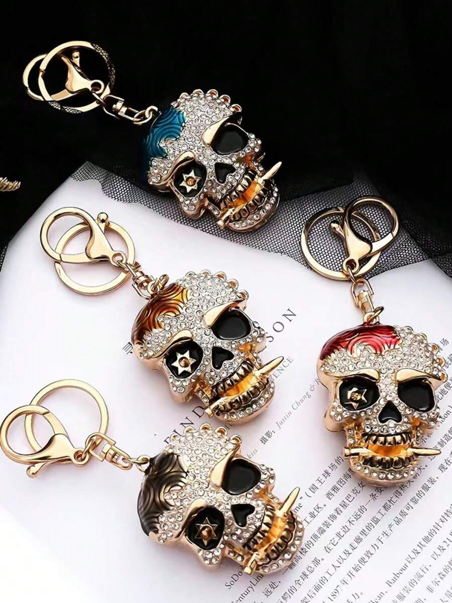 1 件全新水钻镶嵌金属骷髅钥匙扣，3D 嘻哈汽车包吊坠，适合礼物、钥匙扣、小礼物 - 彩色 - 查看 1