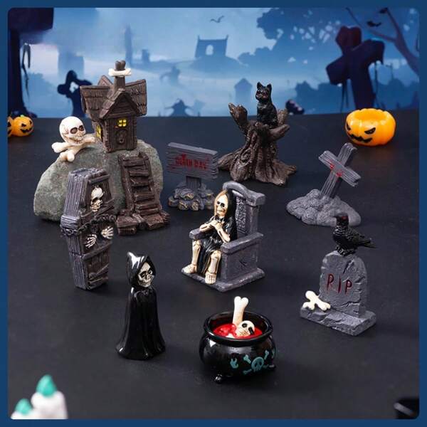 9pcs Halloween Skull Wooden Miniature Figurines, Resin Horror Decoration Pieces For Home Desktop, Creative Office Supplies, Kitchen, Fridge, As Unique Gift For Friends & Family