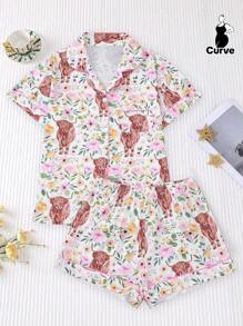 2 Pieces Set Highland Cow Print Women Plus Size Sleepwear Set, Including Soft Short Sleeve Collared Button Shirt Top And Elastic Waist Loose Shorts, Stylish Loungewear For Holiday Party, Home & Outdoor Casual Use