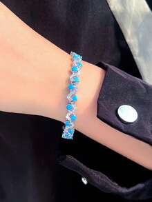 1pc Attractive Beautiful Blue Turquoise & Cubic Zirconia Engagement Wedding Party Bracelet For Women, Holiday & Festival Jewelry Gift - Blue - View 4