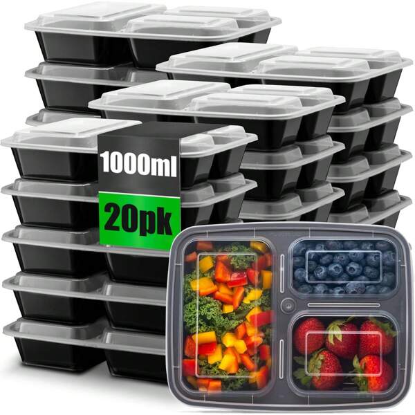 20Pzs Contenedores Recipientes Reutilizables Para Alimentos, 1000ml Recipientes para Preparar Comidas con Tapas para Uso Doméstico, Restaurante, Llevar y Picnic, Utensilios de Cocina