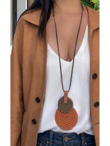 Women's Long Necklace Color Handmade Mandal Pendant - 20.赤陶/山核桃 - 查看 1