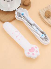 2/3pcs Stainless Steel Portable Tableware Fork Spoon Set With Cute Cat Claw Box - Durable, Easy-To-Clean, Ergonomic Coffee And Dessert Spoons For Home, Kitchen, And Restaurant Use With Adorable Cat-Shaped Design, Back To School