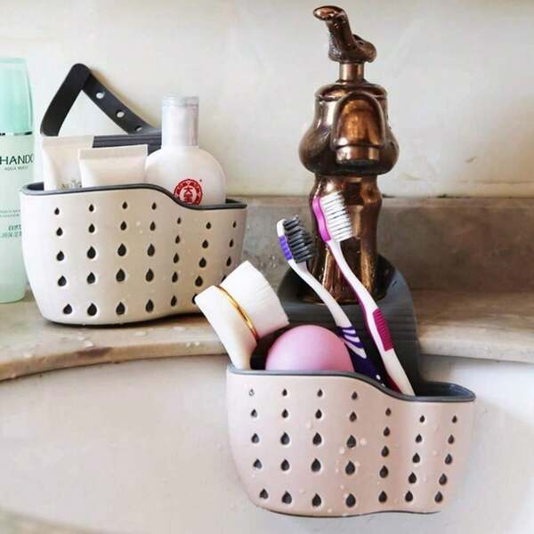 2 pièces Panier de drainage suspendu pour évier avec boîte de rangement en silicone, support de drainage réglable avec sangle, support d'éponge, panier suspendu pour robinet, sac de rangement pour cuisine, convient pour ranger les éponges et les torchons de cuisine, panier suspendu à double couche, accessoires pour évier de cuisine avec ventouse, égouttoir