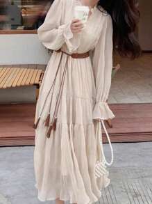 NIUKUAN 1pc Women's Brown Hollow Out Extra Long Waist Rope, Handmade Waist Belt, Suitable For Dresses, Vintage Hanfu Accessory