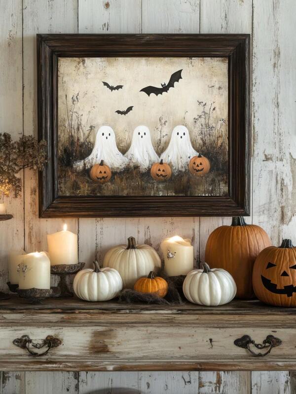 1pc, Canvas Waterproof Wall Art, Wall Arts, Posters, Wall Art With Frame, Fall, Halloween, Funny Halloween Canvas Painting, Ghost Party Horror Season Wall Art Decoration, Ghost Pumpkin Bat Vintage Style Wall Art, Gift For Ghost Lovers, Halloween Poster, Halloween Gift For Living Room, Bedroom, Entryway Decorative Dark Artwork For Haunted House Or Halloween Party Decorations Home Decor Halloween Decor Fall Decor Room Decor
