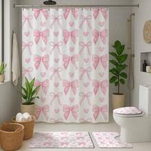 1/4pcs Pink Heart And Bow Themed Polyester Waterproof Bathroom Shower Curtain Set, Decorative, Easy To Clean, With Hooks - Multicolor - View 1