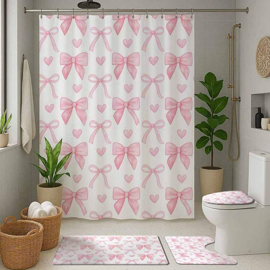 1/4pcs Pink Heart And Bow Themed Polyester Waterproof Bathroom Shower Curtain Set, Decorative, Easy To Clean, With Hooks - Multicolor - View 1