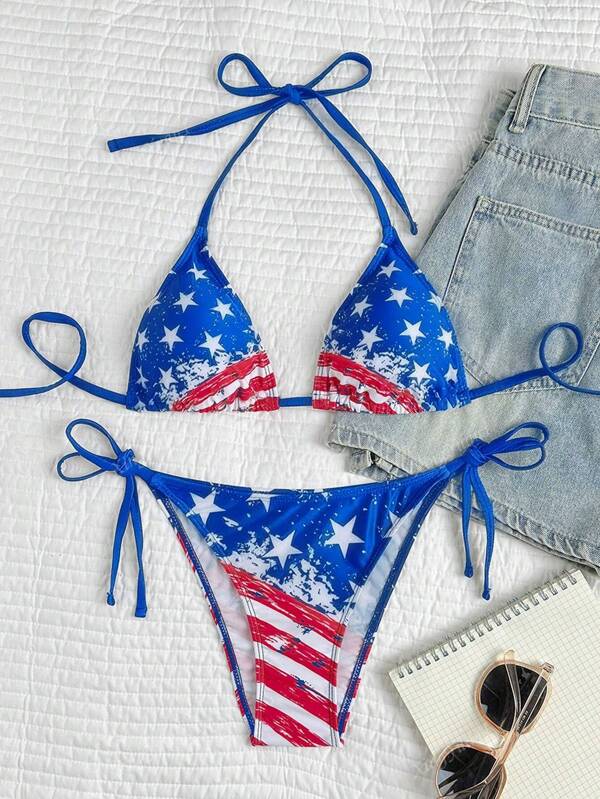 2 piezas Traje de baño de volantes con estampado de la bandera americana/estadounidense del 4 de julio, para uso casual, sexy, espalda descubierta y con atar, para mujeres, para verano, playa, vacaciones, citas, deportes y actividad física