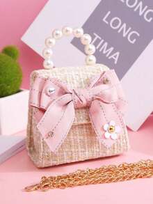 1个迷你/大号布艺蝴蝶结、字母、珍珠、花朵、水钻装饰PU翻盖金属链条肩带休闲可爱珍珠手提包/斜挎包，适合度假和日常使用 - 米色 - 查看 1