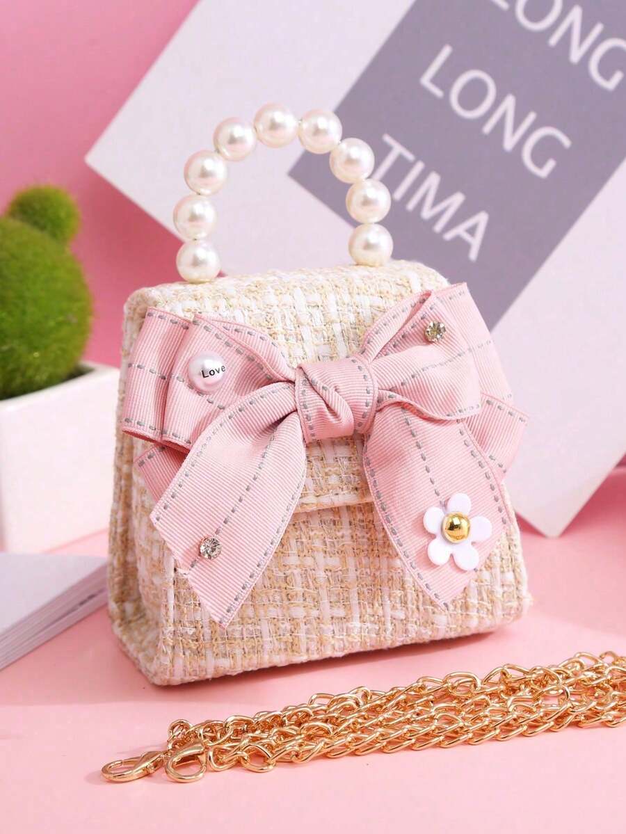 1个迷你/大号布艺蝴蝶结、字母、珍珠、花朵、水钻装饰PU翻盖金属链条肩带休闲可爱珍珠手提包/斜挎包，适合度假和日常使用 - 米色 - 查看 1