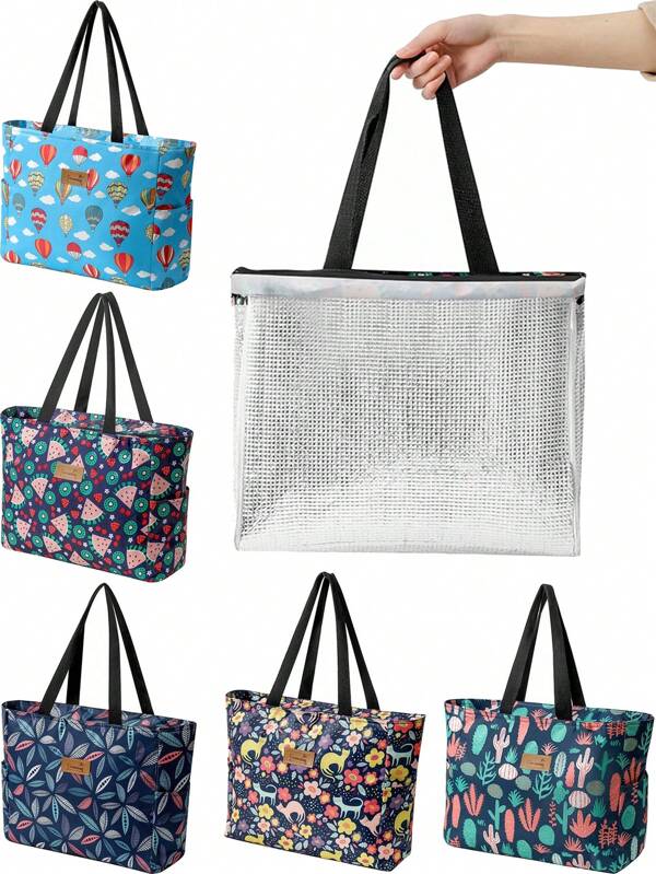 1pc Large Capacity Waterproof Insulated Cooler Bag Ladies Portable Lunch Travel Picnic Box Insulated Bento Box Bag Food Ice Bag, Large Capacity Waterproof Lunch Bag Insulated Bag Ladies Portable Picnic Box Insulated Bento Box Bag Ice Container, Thickened Foldable Shopping Storage Bag Large Capacity Reusable Grocery Bag Supermarket Waterproof Shoulder Bag