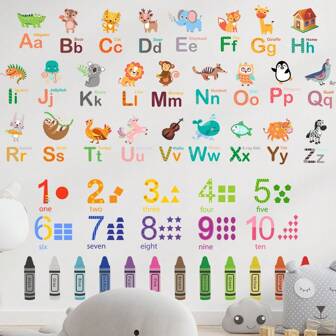2 pièces Set Autocollants muraux colorés d'animaux et 26 lettres de l'alphabet anglais, pour la décoration murale d'école et de maternelle, autocollants muraux, décoration murale