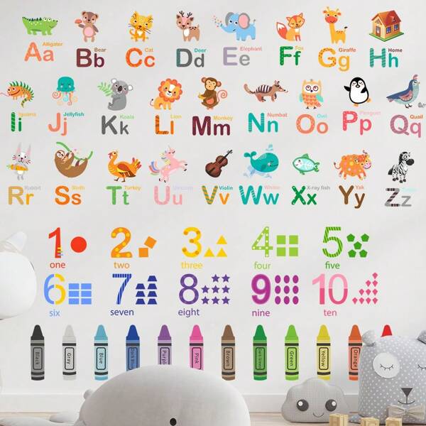 2-teiliges Set bunte Tier- und 26 englische Buchstaben Wandaufkleber, zur Wanddekoration in Schule und Kindergarten, Wandsticker Raumdekoration