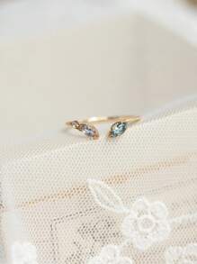 1pc Luxury High-End Versatile 18K Rose Gold Plated Blue Feather Gradient Faux Crystal Blue Topaz/Tanzanite Leaf Open Ring, Suitable For Women, Wedding, Birthday, Evening Party, Valentine's Day Gift