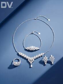 DV JEWELRY 5 件套女士奢华白金镀方晶锆石项链手链耳环开口戒指首饰套装，优雅新娘礼物，适合结婚周年派对 - 銀色 - 查看 4