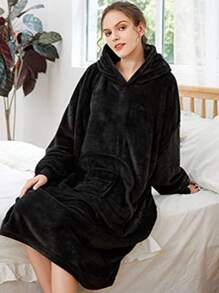 Flannel Thickened Sherpa Hooded Pullover Loungewear, Cozy Snuggle Wearable Blanket For Cold Weather