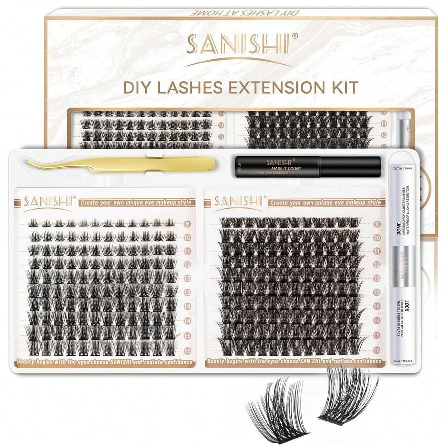 Sanishi DlY Lash Extension Kit -240pcs Natural Lash Clusters, Mix Length 9-16MM Individual Lashes Set With Bond And Seal, Applicator, Remover - DlY Lash Extensions At Home (M02+M03,C-Mix 9-16mm Kit) - 黑色 - 查看 1