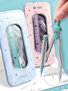 学生几何圆规套装，7 件套数学尺子套件，带金属盒，包括圆规、量角器、橡皮擦、三角尺、直尺 - 适用于学校、考试、学习和办公室使用的学校用品，返校