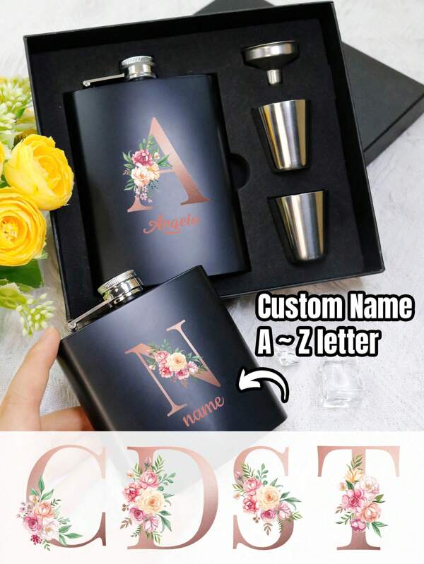 Custom Letter Portable Hip Flask Set,Personalized Name Flask For Men,Customized,Customizable Stainless Steel Flask,Groomsmen Flask,Liquor Flask Set(1wine Pot+2wine Glasses+1wine Filter+1gift Box),Wedding Gifts,Birthday Gifts,Father's Day Gifts,Travel Essentials,Friends,Lovers,Boyfriend,Father