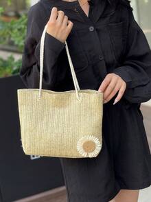 女士大容量编织托特包，2024新款时尚单肩/腋下/手提休闲时尚包 - 卡其色 - 查看 9