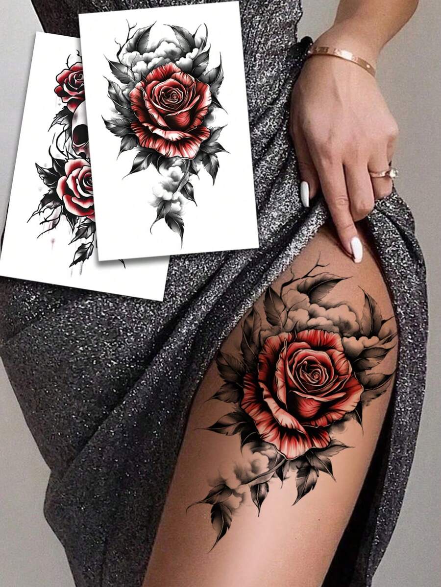 Red Rose Temporary Tattoo Stickers, Sexy Waterproof & Sweatproof Fake Rose Skull Floral Tattoo Stickers For Women, Unisex Flower Arm Tattoo For Abdomen, Leg, Arm, Back, Chest, Can Cover Scars, Lasts 2-5 Days, Easy To Apply & Remove