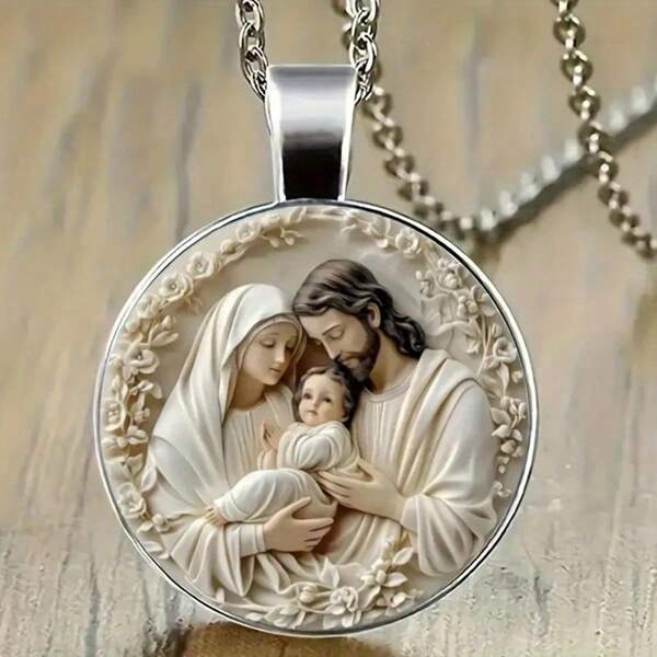 Sacred And Elegant French Madonna And Jesus Pendant Necklace, Paired With Glass Gems, Suitable For Casual Wear Or Gift