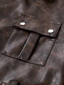 男士中长款单排扣翻领夹克，复古前单口袋设计，配腰带 PU 外套 - 咖啡棕 - 查看 7