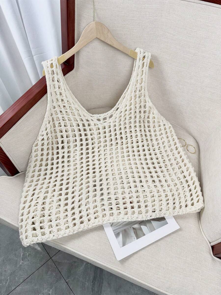 女士镂空针织背心，夏季海滩度假时尚无袖背心