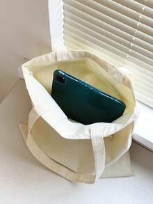 1 件米色帆布手提袋，印有汽车和字母图案，大容量帆布购物袋，耐用女士单肩包，户外旅行帆布包，适合日常通勤、海滩、度假 - 礼品袋 - 米色 - 查看 6