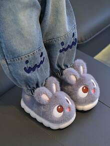 1 Pair Plush Rabbit Ear Design Slippers With Soft Faux Fur Lining And Non-Slip Rubber Sole, Warm Indoor House Slippers For Toddlers And Kids - Grey - View 4