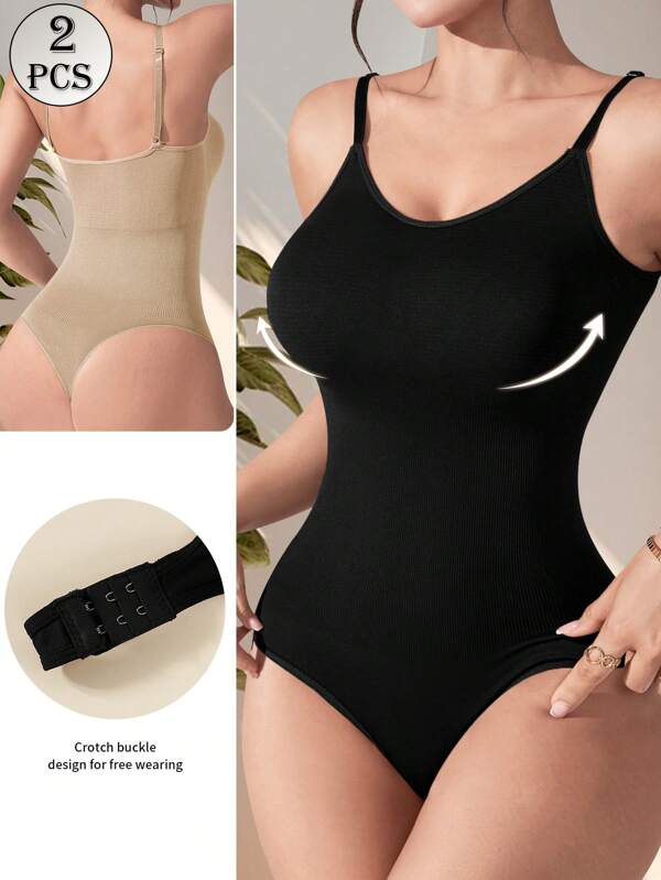 2 Pieces Women Sexy Seamless Shapewear, Waist Control Bodysuit, Cami Thong Set, Tight Slimming Underwear