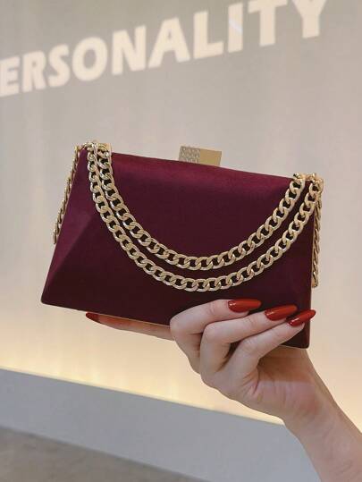 Vintage Velvet Evening Clutch Bag, Red Color Women's Handbag For Banquet, Wedding Party, Qipao Dress, Formal Dance, Cocktail Party, High-End Fashion Envelope Clutch, Shoulder Crossbody Chain Bag, Elegant Luxury Party Purse