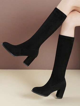 Women's Fashion Elastic Mid-Calf Boots, New Autumn/Winter Thick Heel High Heel Pointed Toe Suede Over-The-Knee Slim Leg Boots
