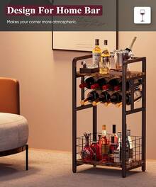3-Tier Wine Rack Standing Floor With Wood Top, Liquor Stand With Wine Bottle Holder, Corner Wine Bar Table For Small Space, Metal Whiskey Shlef For Kitchen, Cellar, Living Room, Black - Black - View 5