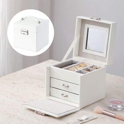 便携式三层首饰盒，高档PU皮革抽屉式设计，带锁，耳环首饰收纳盒，适合作为礼物送给女友、朋友、女孩，节日或生日礼物，母亲节惊喜之选。女士收纳整理盒，旅行必备，宿舍必备，房间装饰。
