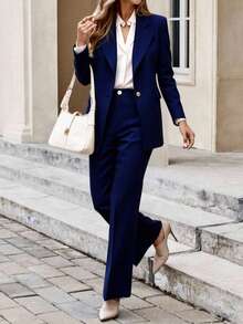 LIU ME Women's Lined Blazer And Wide-Leg Trousers Set | Formal & Elegant - Màu xanh hải quân - Xem 2