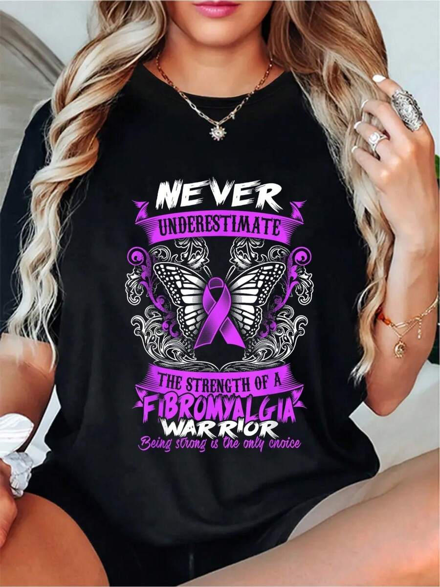 Plus Size Women Fibromyalgia Awareness T-Shirt Never Underestimate A Fibro Warrior Slogan Purple White Lettering With Butterflies Swirls Soft Round Neck Casual Tee Machine Washable Daily Comfort Clothing Bold Statement Shirt Allseason Wear Women Size L-3XL 4XL 5XL - màu đen - Xem 1