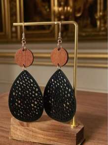 1 par de pendientes colgantes de madera con segmentos en forma de telaraña hueca vintage