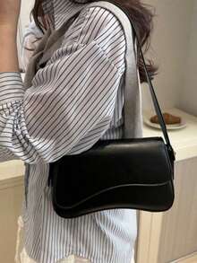 简约纯色单肩翻盖包，经典纹理斜挎包，女士钱包