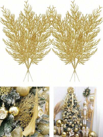 20 piezas/10 piezas - Guirnalda de manualidades navideñas con pino artificial de Navidad, guirnales navideños, decoración navideña dorada, palitos de árbol de navidad con lentejuelas doradas y pino falso, soporte personalizado para corona de árboles de invierno, ramo de boda, vacaciones