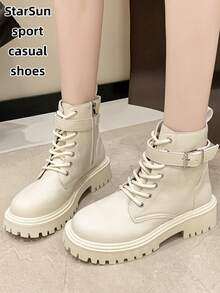 Damen Metall Schnalle Schnürstiefel mit rundem Zehenbereich, Plateau-/Blockabsatz, Lederoberfläche, wasserdicht, leicht zu reinigen, Gummisohle, rutschfest, verschleißfest