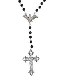 1 pièce Collier de chapelet fait main, perles de prière, pendentif croix traditionnel, charme de chauve-souris de sorcier, bijoux gothiques d'Halloween