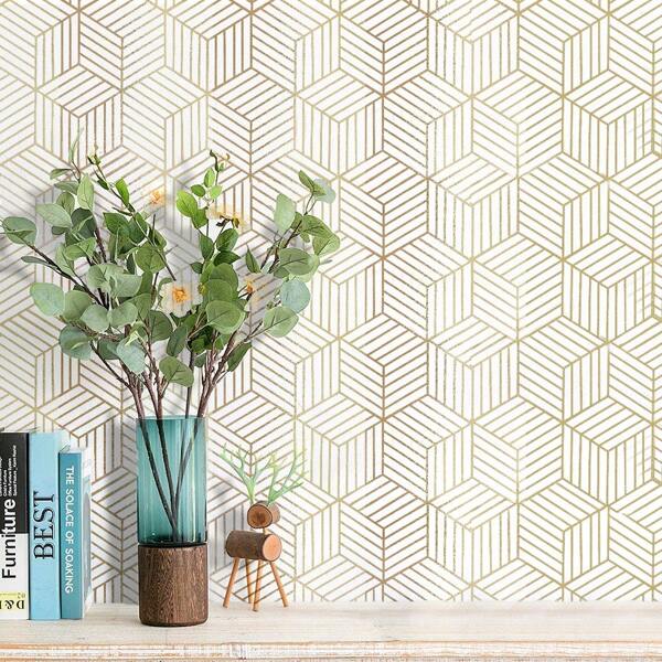 1 rollo de papel tapiz autoadhesivo de color dorado metálico, con patrón geométrico artístico de rectángulos, resistente al agua y removible, apropiado para decoración de paredes de sala de estar, dormitorio, dormitorio universitario y remodelación de muebles