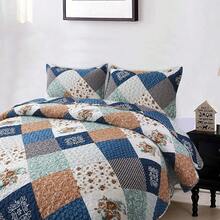 Floral Plaid Patchwork Quilt Set King Size, Reversible Brown Bedding Set Soft Microfiber Lightweight Bedspread Coverlet 3 Piece All - Season Use (104x90 Inches) - 藍色 - 查看 3