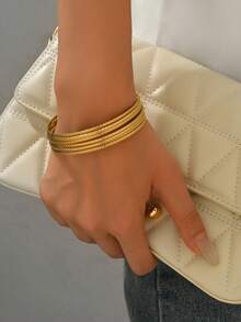 7pcs/Set Elegant Plated Gold Smooth 2mm Thin Bangle Bracelet Set, Suitable For Party, Daily Wear, Anniversary, Holiday Gift - Gold - View 7